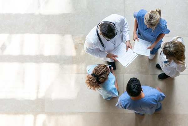 Healthcare professionals during a meeting at the hospital - High angle view