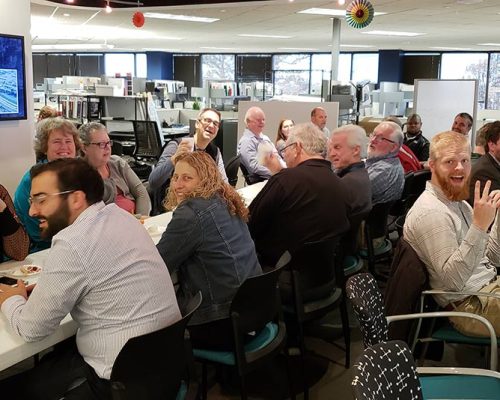 Lunchtime gathering of Haskell Oklahoma City office employees