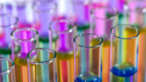 Colorful photo of glass laboratory beakers