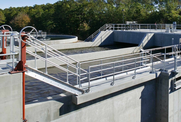 Large concrete water storage containers at Glynn County Water Pollution Control Plant