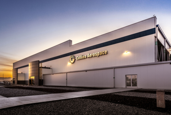 Front of Collins Aerospace facility at sunset